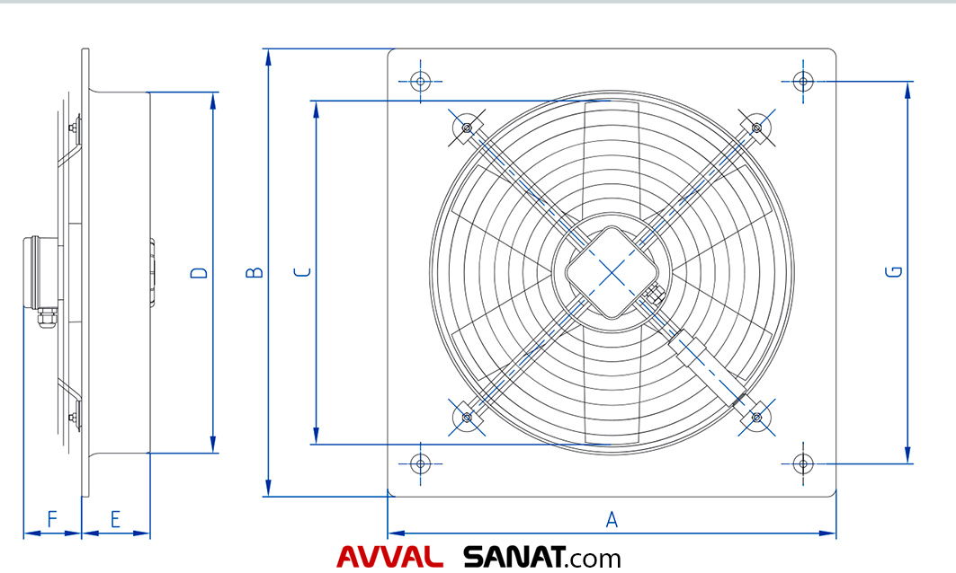 جدول ابعاد هواکش 35 سانت صنعتی ایکا، مدل VIE-35A4S