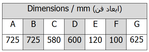 جدول ابعاد هواکش 60 سانت صنعتی ایکا، مدل VIE-60R4T